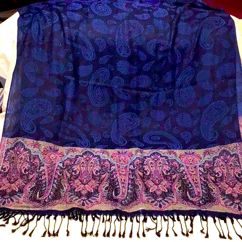 Richly decorated wrap indigo paisley w multi color fine edge detail.